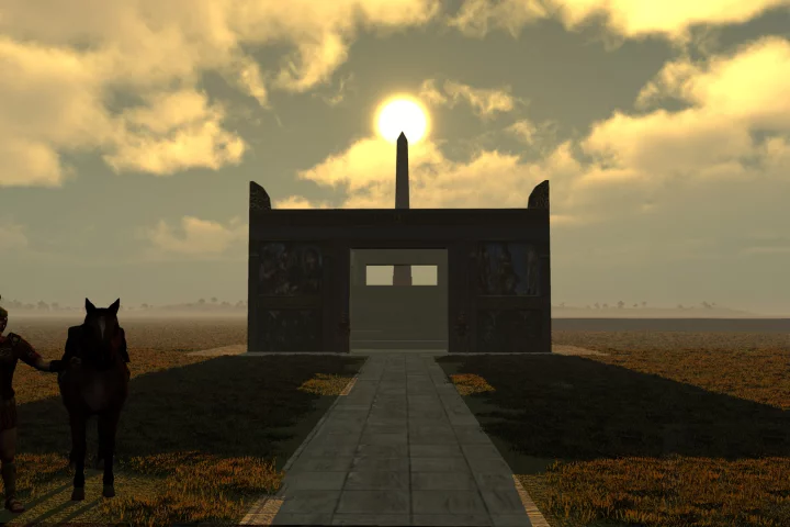 Virtual simulation image of the sun atop the obelisk with the Altar of Peace in the foreground(Image: IU Bloomington)