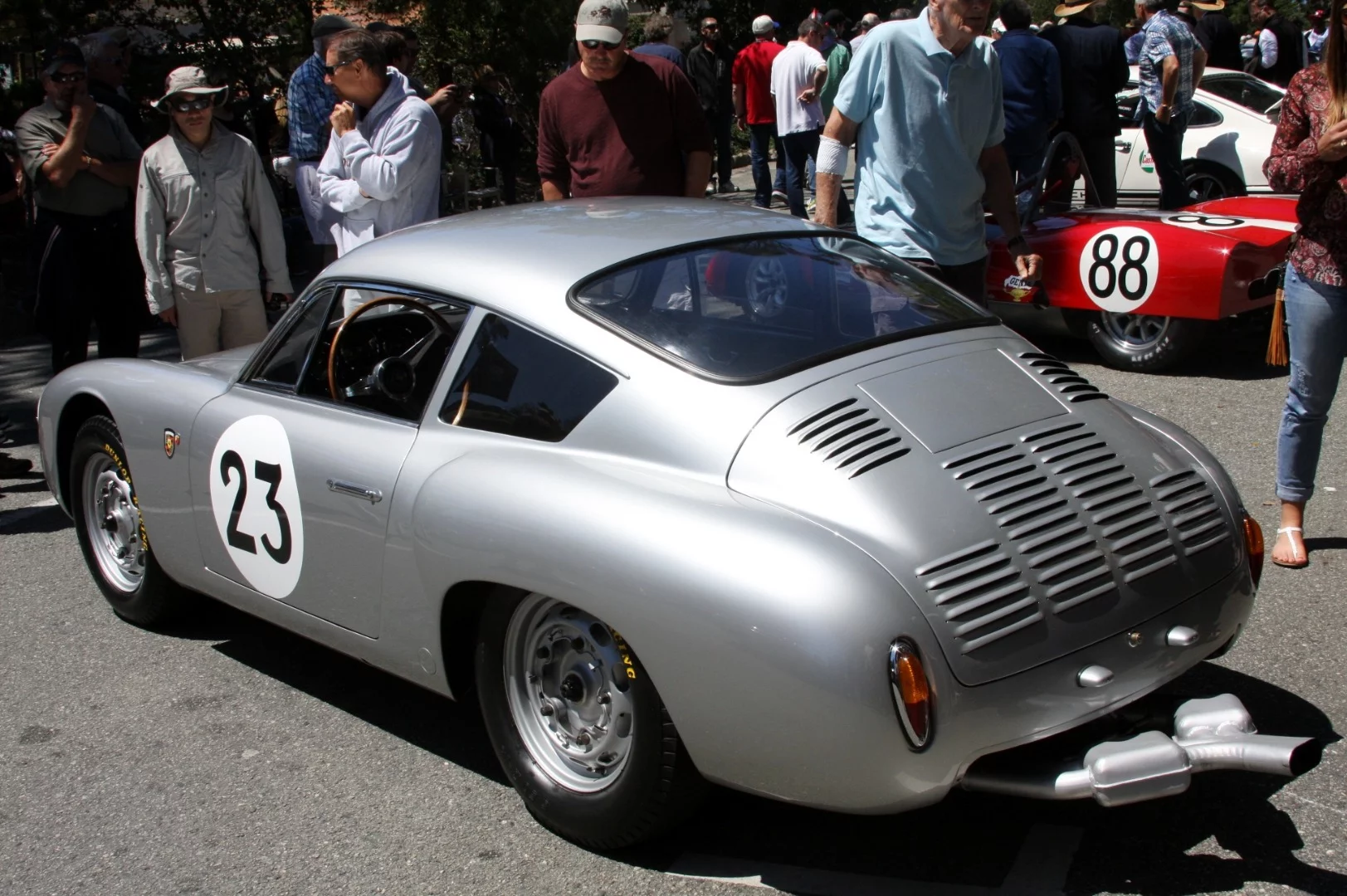 1960 Porsche 356 Carrera GTL displays its unusual exhaust on Ocean Ave.