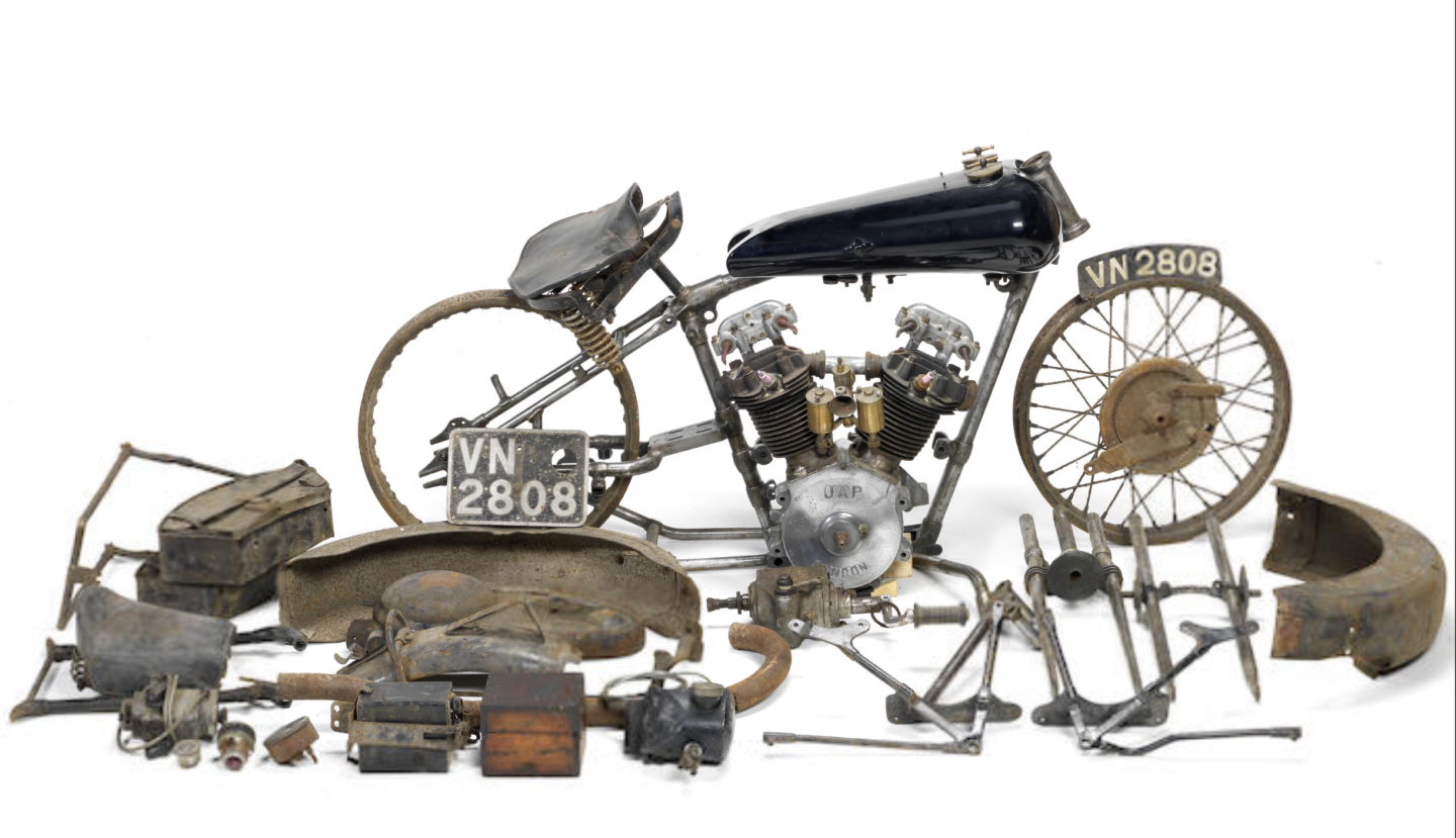 The next most valuable unassembled motorcycle was a 1930 Brough Superior Overhead 680 which fetched $95,617 (sold for GBP£59,740 in October, 2012), pictured above. This means only one motorcycle in "basketcase" condition had sold for more than $100,000, which makes the weekend's results even more remarkable.