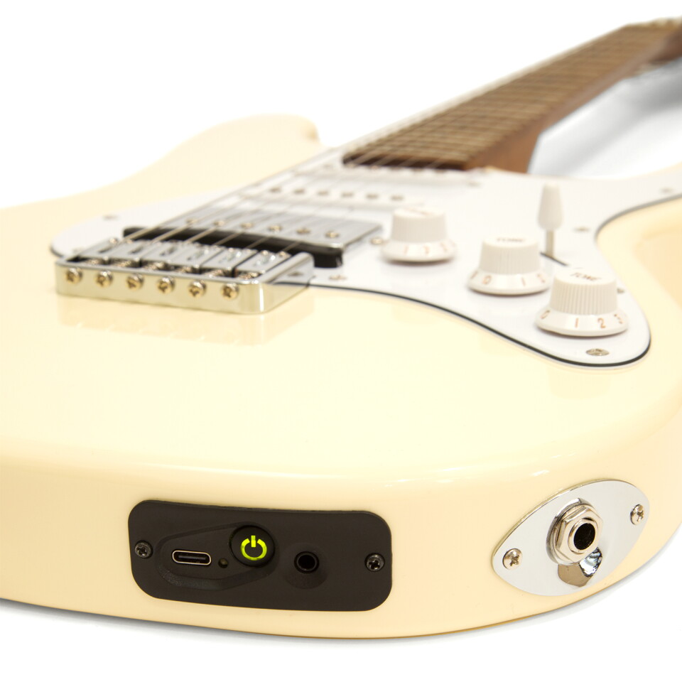 The instrument can be cabled into a regular guitar amp via the instrument jack, but it also has onboard digital processing that tracks pitch and converts the signal to MIDI.