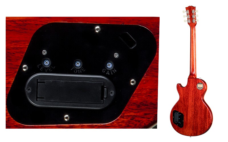 The battery-powered Burstdriver circuit has been built into the backplate, with volume, tone and gain adjusted using a guitar pick or a small screwdriver