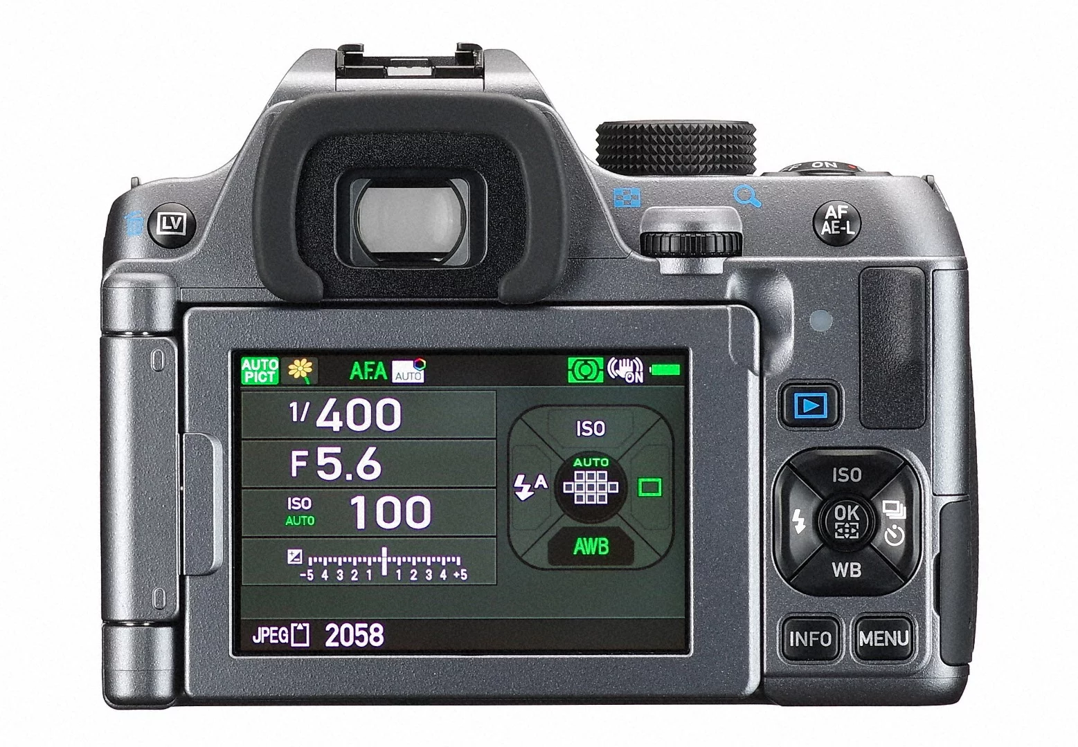 There's a 3-inch 921k dot vari-angle LCD monitor on the rear of the Pentax K-70