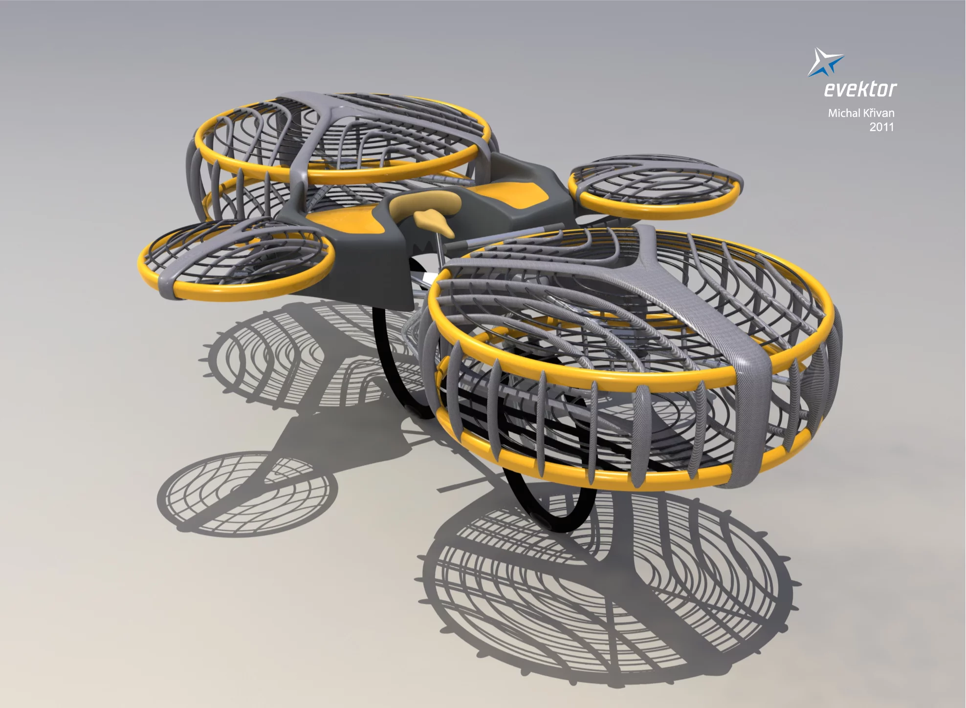 Rendering showing the composite casing housing front and back twin propellers, and stabilizing props at each side