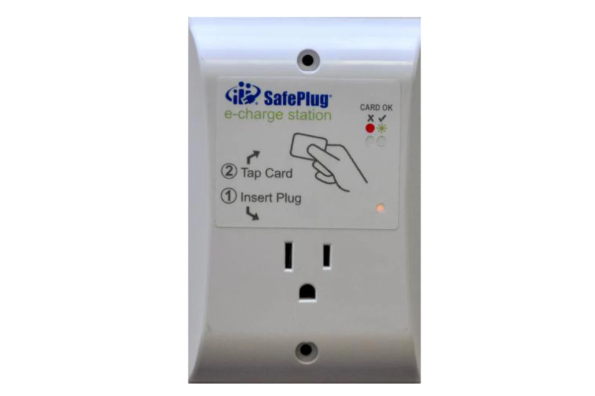The SafePlug 1200-P3 pay-per-use electrical outlet, for electronic device users who need to recharge on the go