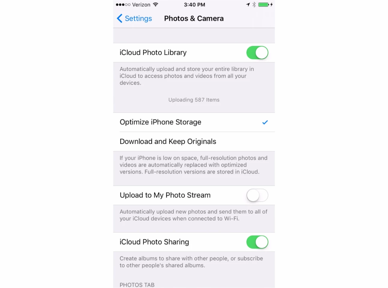 Settings > Photos & Camera (with iCloud Photo Library turned on)