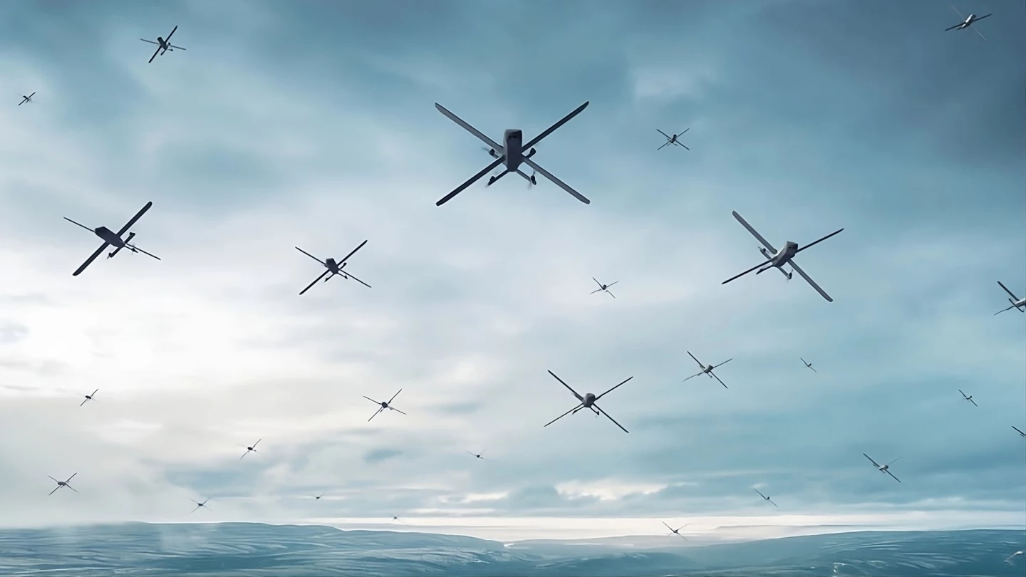 A rendering from Helsing showing what a swarm of HX-2 drones would look like, all while being controlled by a single operator