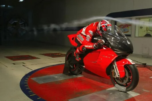 Ducati's second place came after a lot of development work at the Italian factory. here test rider Guareschi is at work inside the wind-tunnel as the MotoGP team fine-tunes the aerodynamics of the Desmosedici
