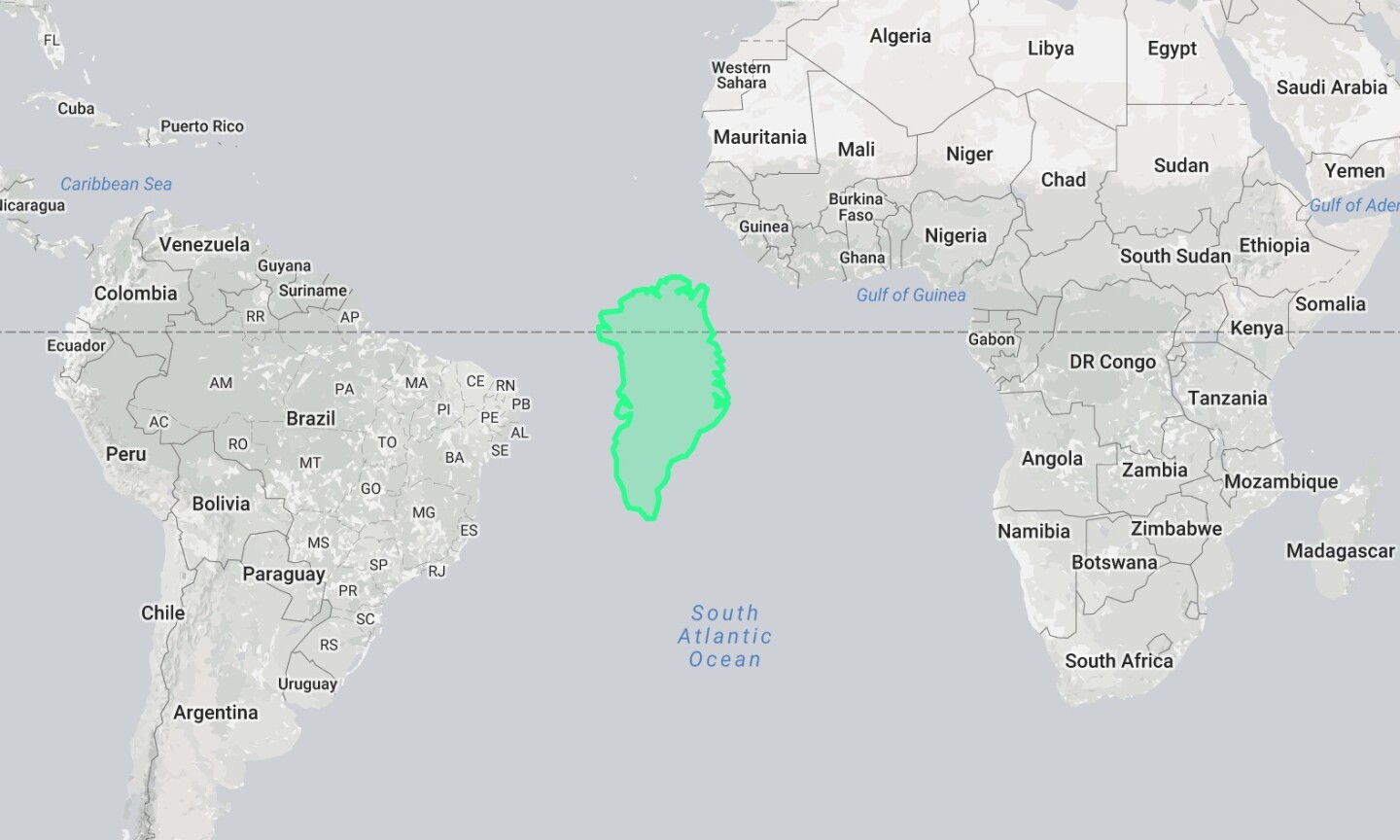 Greenland: massive on a Mercator world map, but here's its true size between Africa and South America