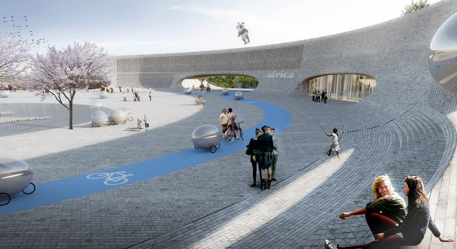 The central building houses a number of amenities and a high walkway from which the zoo can be viewed (Image: Big Architects)