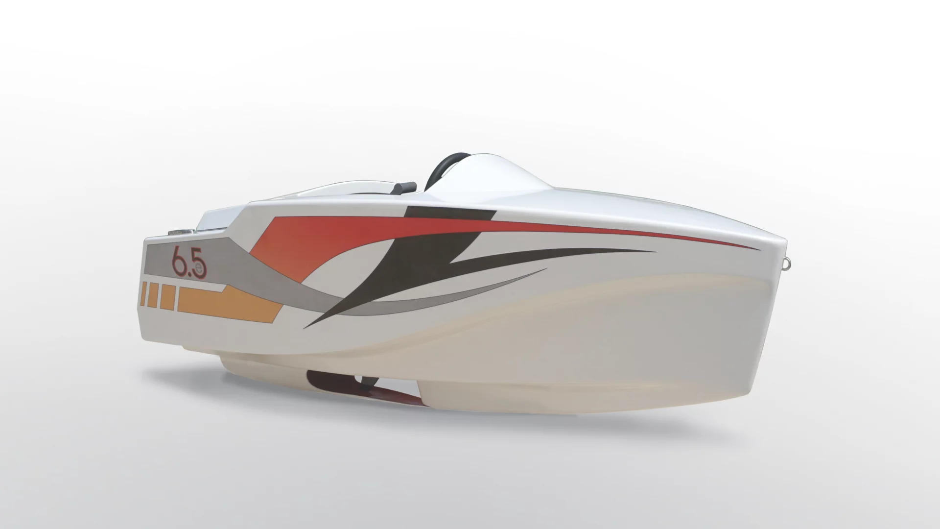 The JimBoat is 6.5 ft long, weighs 75 kg (165 lb), and with an electric motor providing 55 lb of thrust via an enclosed 3 blade propeller, it's capable of 5.5 knots