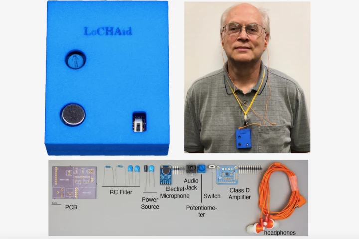 The prototype LoCHAid hearing aid, with its components displayed below