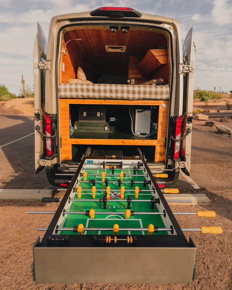 The Boho Golden Egg's piece de resistance: slide-out tailgate foosball table