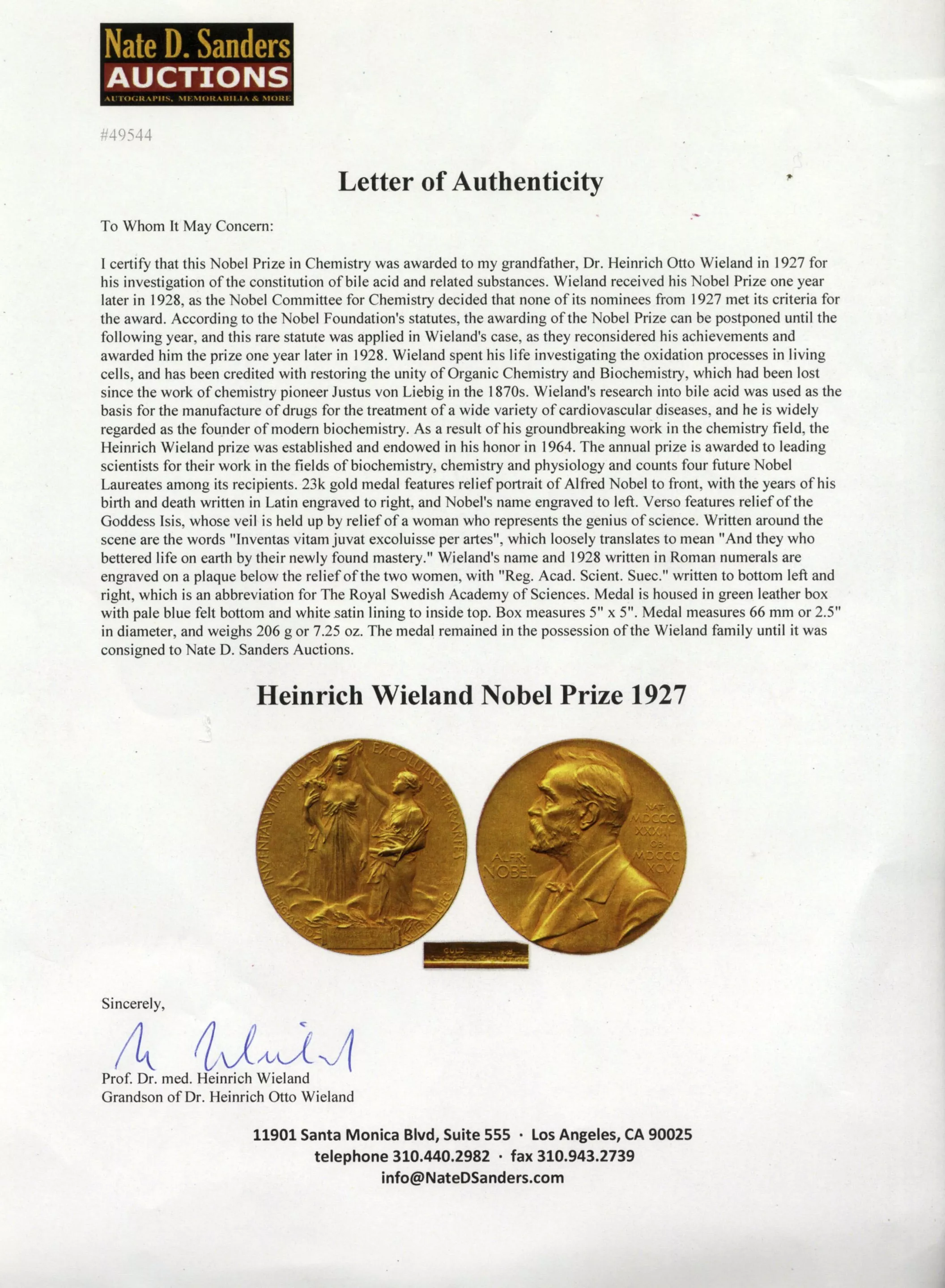 Letter of authenticity for the Wieland Nobel medal