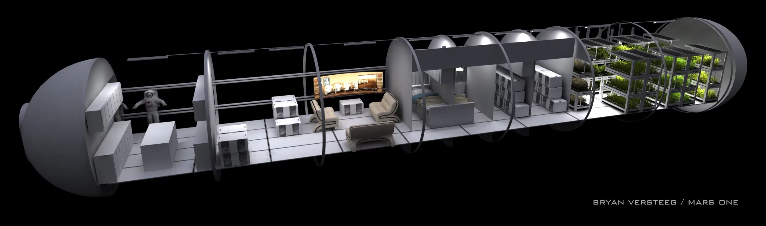 The Mars One project is designed to build and ship the required infrastructure to establish a presence on Mars and eventually a self sustaining settlement (Image: Bryan Versteeg / Spacehabs.com)