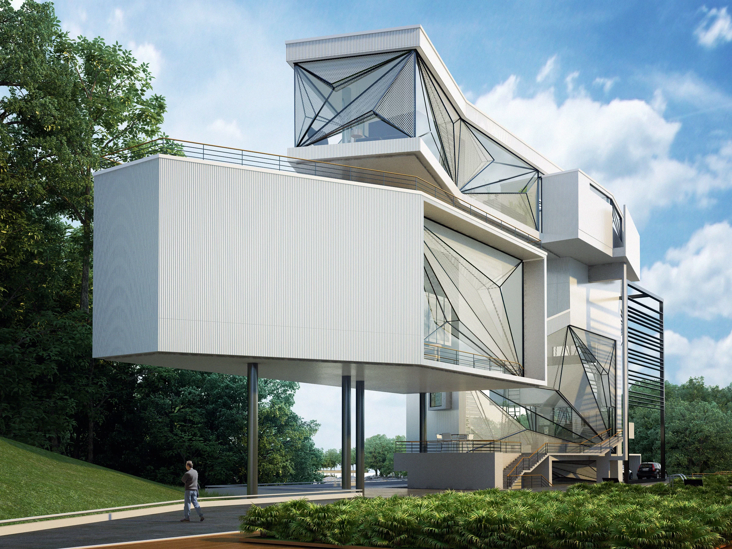 The top-floor bedroom cantilevers over the library (Photo: Urban Office Architecture)