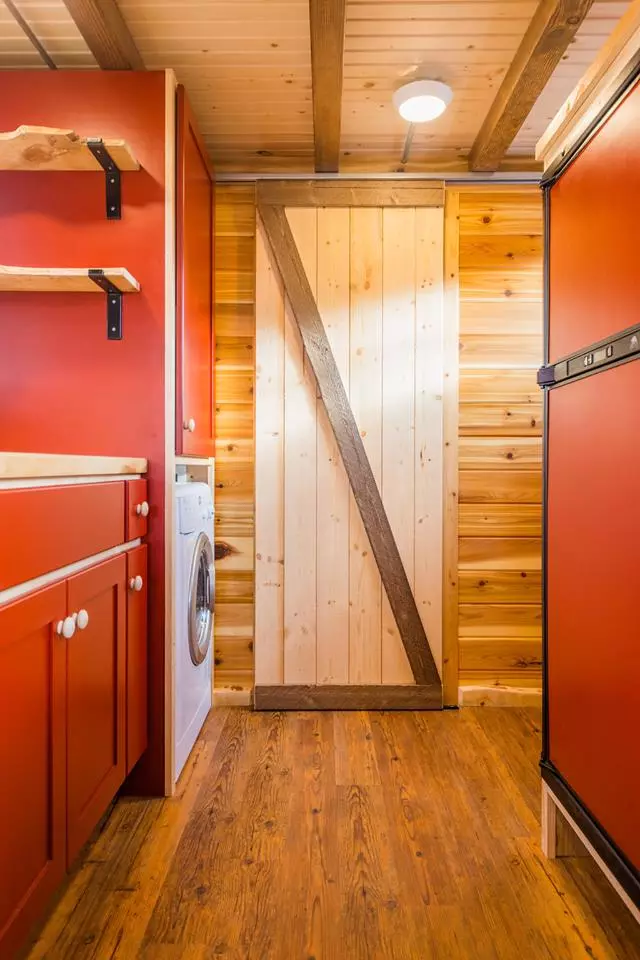 View towards the bathroom in Davis's 22 ft Off-Grid Tiny Home