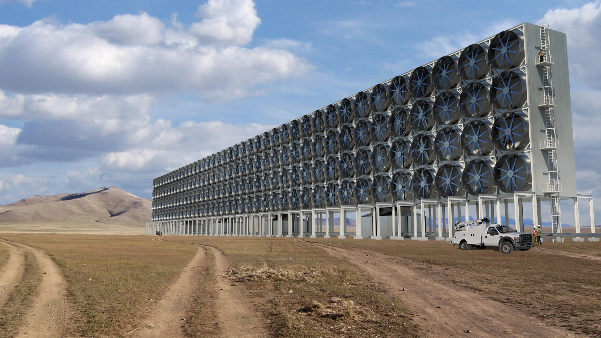 Rendering of Carbon Engineering's air contactor design. This unit would be one of several that would collectively capture 1 million tons of CO2 per year.