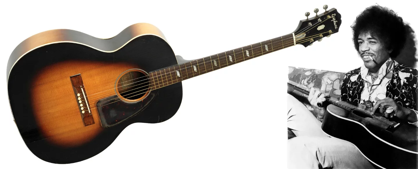 Jimi Hendrix's longest-owned guitar might have been estimated to sell for between £80,000 and £120,000 (US$100,000 to $150,000), but Hendrix has special cache on the auction block and the acoustic 1951 Epiphone sold for £209,000 (US$259,557) at Bonhams' London Entertainment Memorabilia auction on 15 December. The guitar was owned by Hendrix longer than any other guitar he used in his tragically short career and as predicted, it easily moved into our list of the 60 most valuable guitars ever sold at auction.