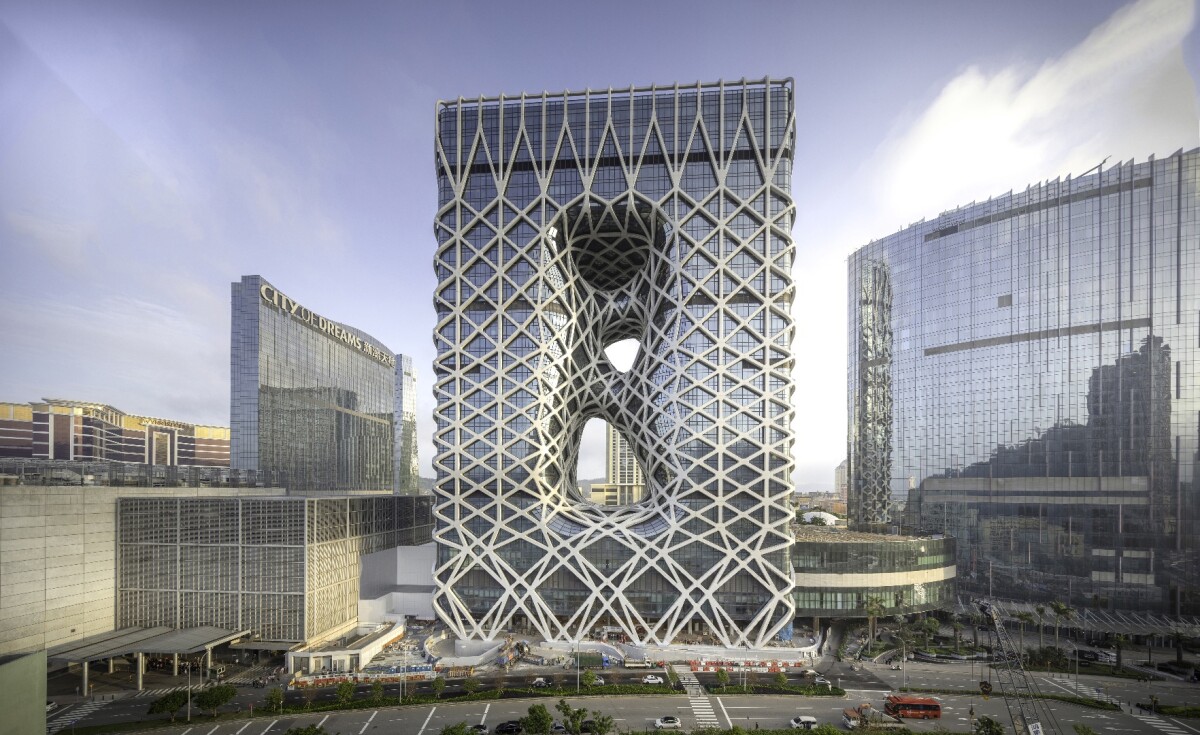 The Zaha Hadid-designed Morpheus Hotel in Macau, China, is covered in an exoskeleton that gives it structural support