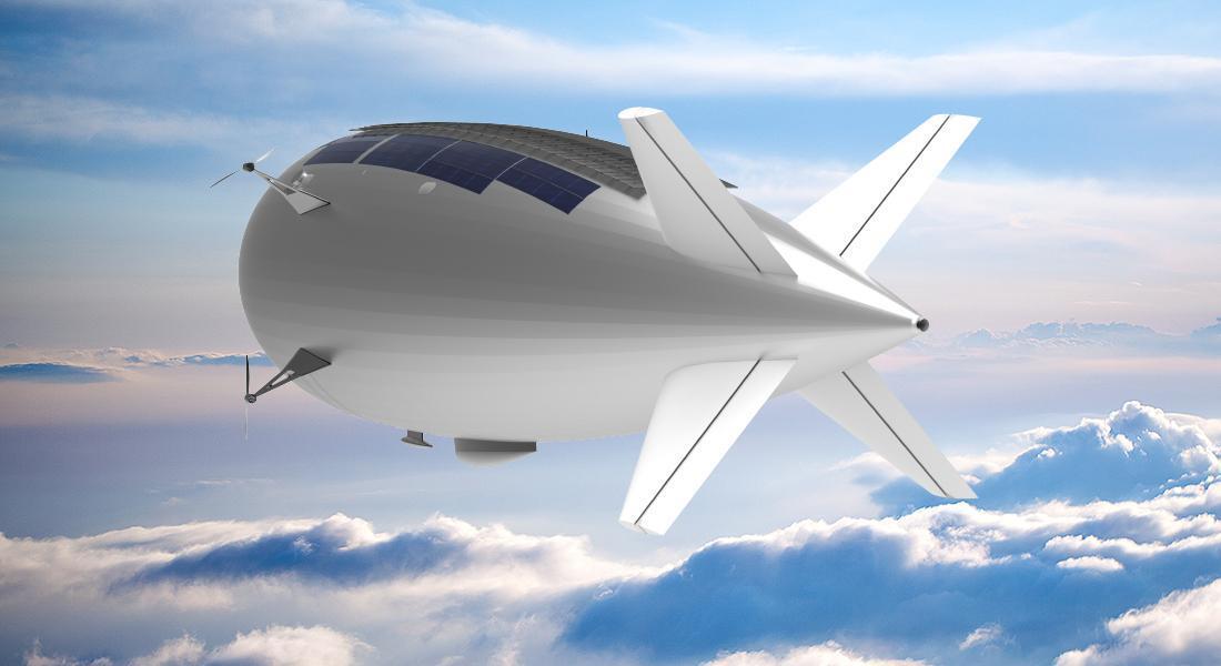 Thales Alenia Space’s Stratobus is topped with solar panels, powering its propellers to fly against the wind at 20 km for prolonged periods of service