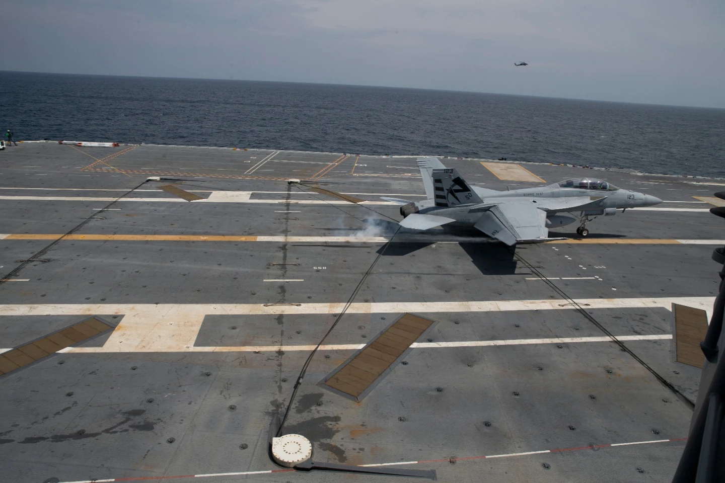 The F/A-18F Super Hornet landing on the deck of USS Gerald R Ford