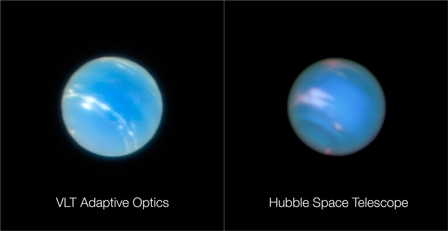 Shot of Neptune taken by the VLT using the new adaptive optics mode (left) and a comparable image taken earlier by the Hubble Space Telescope
