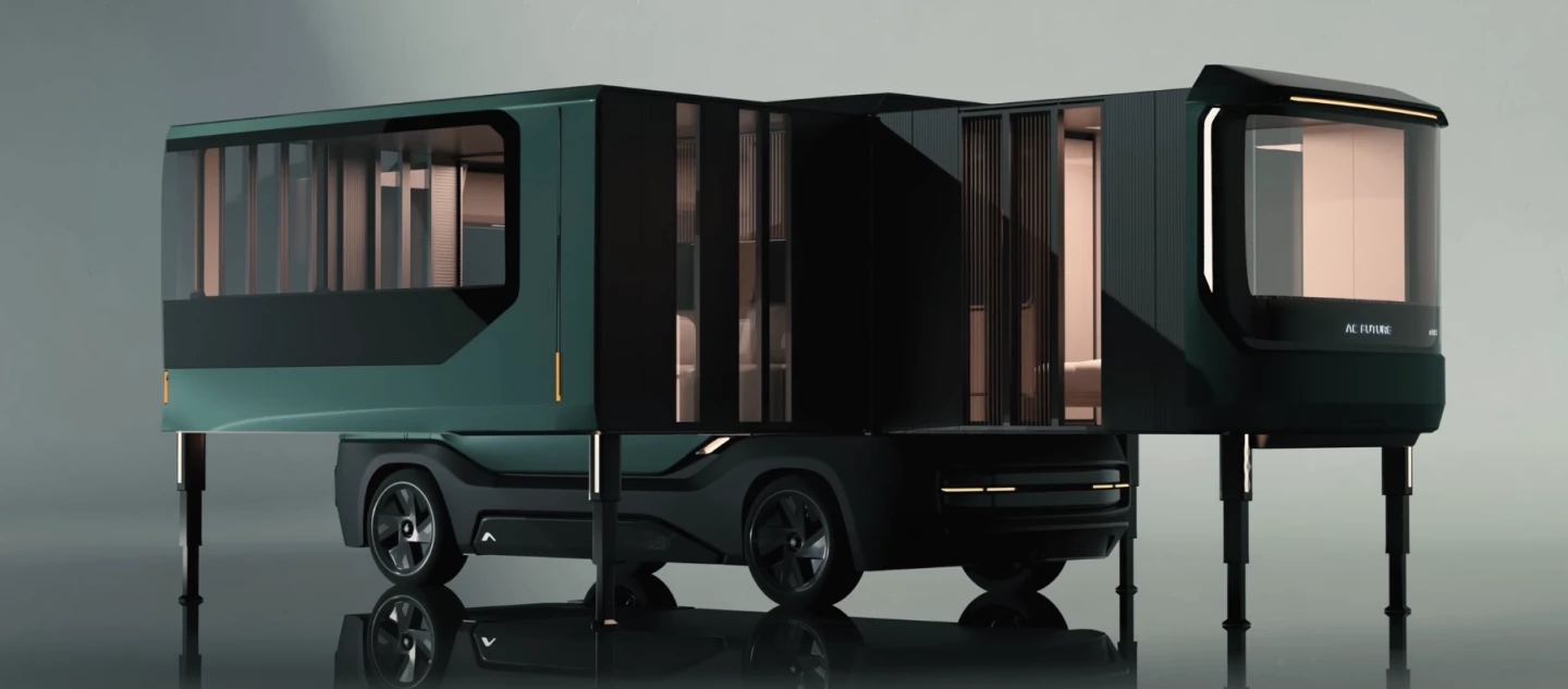 Along with large side and rear windows, the expansion module walls include full-height window panels