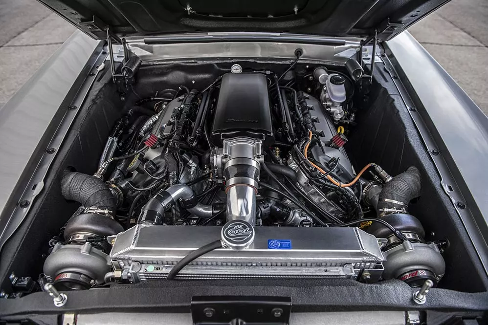 The 5.0-liter Coyote crate engine used in the Mach 1 Hitman has been souped to 1,000 horsepower of output