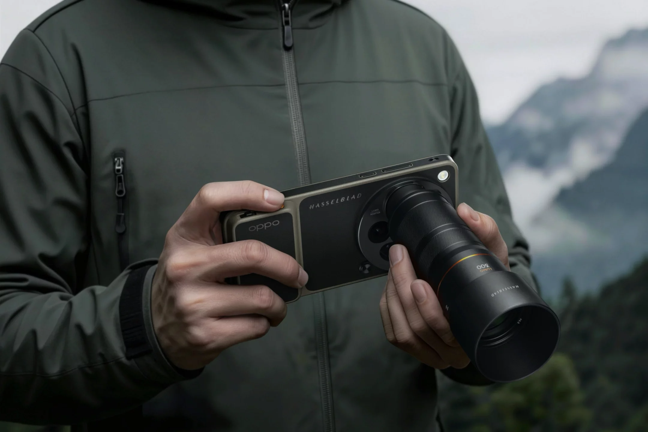 Oppo’s Hasselblad 300-mm Explorer Teleconverter attaches to the phone’s telephoto lens, extending zoom capabilities into modular camera territory