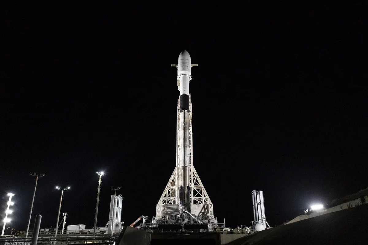 SpaceX's Falcon 9 booster on the pad ahead of launch