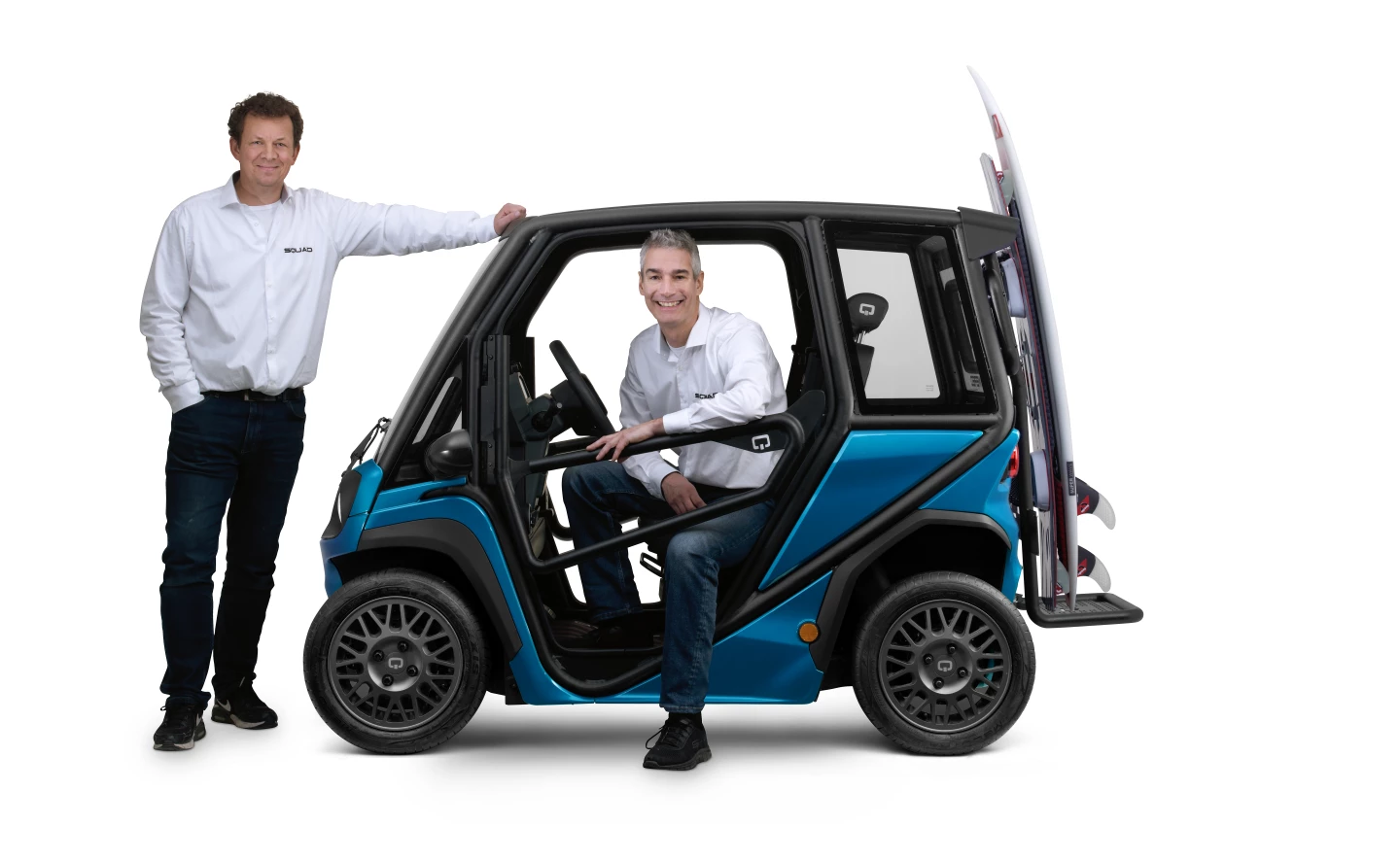 Squad Mobility founders Robert Hoevers and Chris Klok with the special edition Solar Buggy microEV