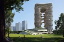 The Yidan Center, by Zaha Hadid Architects, is defined by an unusual rippled form with a void at its center