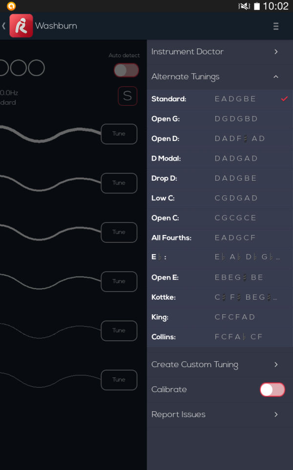 Alternative tunings in the Roadie app