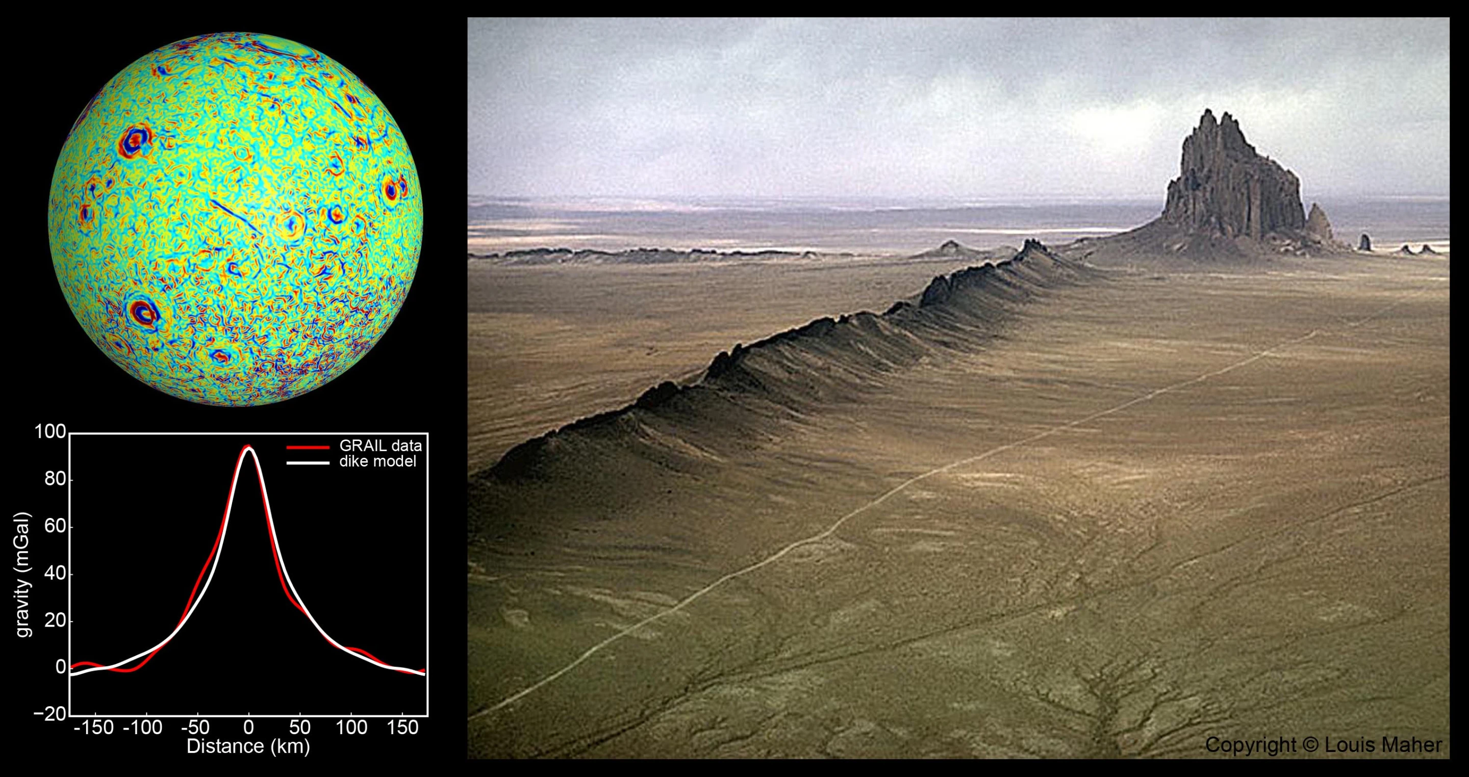 A profile across one of the linear gravity anomalies found by NASA's GRAIL mission and a terrestrial dike formation 50 times shorter and 1,000 times narrower than the one on the Moon (Image: NASA/JPL-Caltech/CSM, Louis Maher)