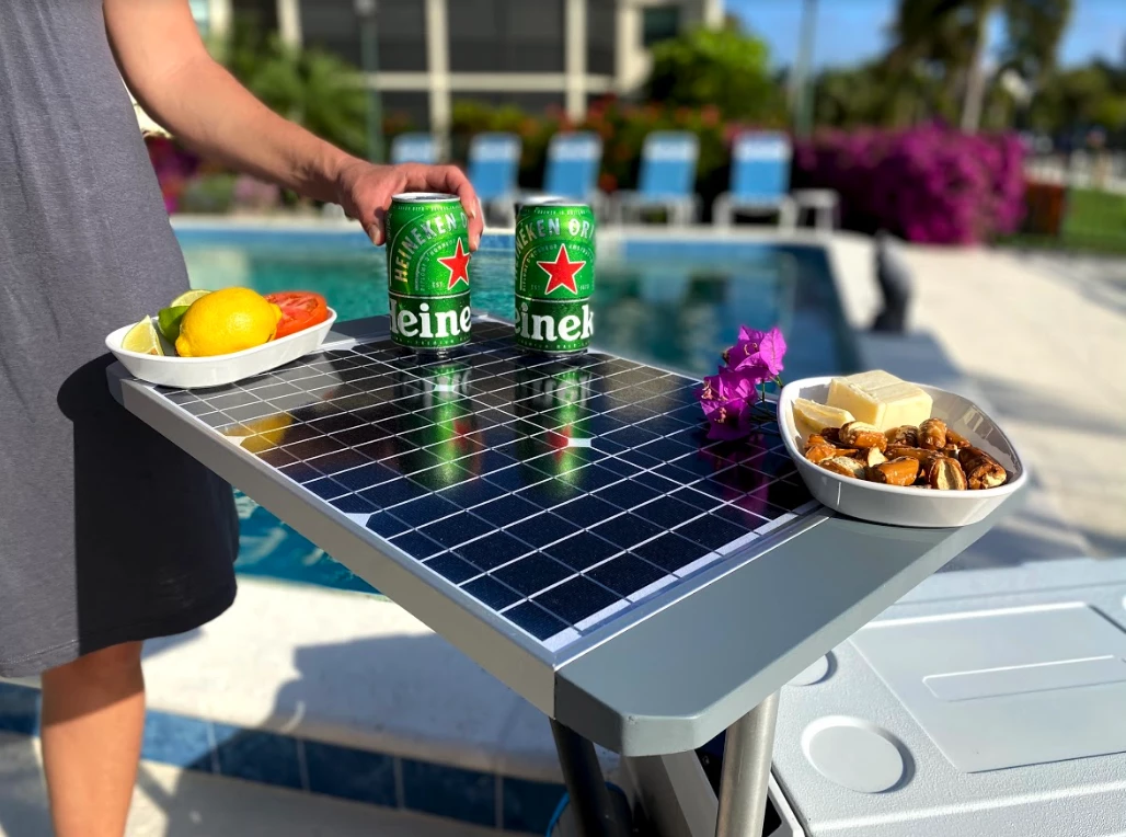 The attachable 20-W solar panel doubles as a handy table