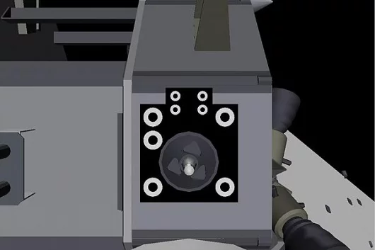Still image from the Orbital Express Manipulator camera. This image is raw and shows the NextSat OEDMS target used when performing Free Flyer Capture operations. In the background the DARPA, STP-1 and NASA logos can be seen. Photo: Boeing/MDA image courte