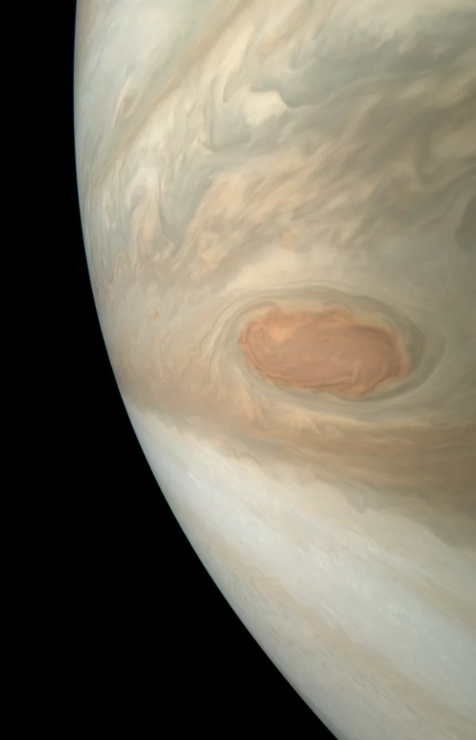 This natural color view offers an approximation of what Jupiter would look like to human eyes from Juno’s vantage point near the time of closest approach in its orbit
