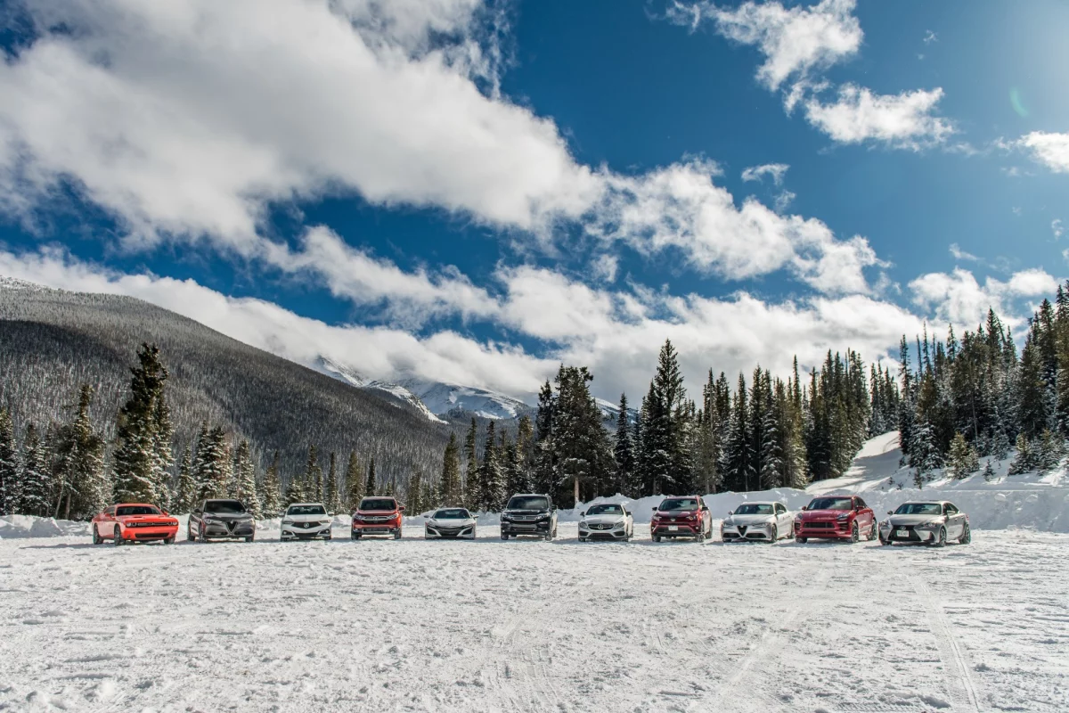 The lineup of vehicles at the 2018 Rocky Mountain Redline Ice Driving Adventure in Colorado