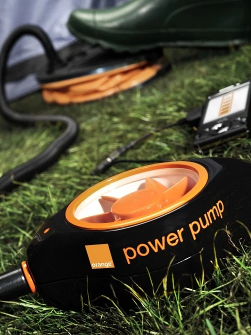 The Orange Power Pump - by treading on what is essentially a standard camping air foot-pump, the kinetic energy created drives a small turbine inside the compact Power Pump