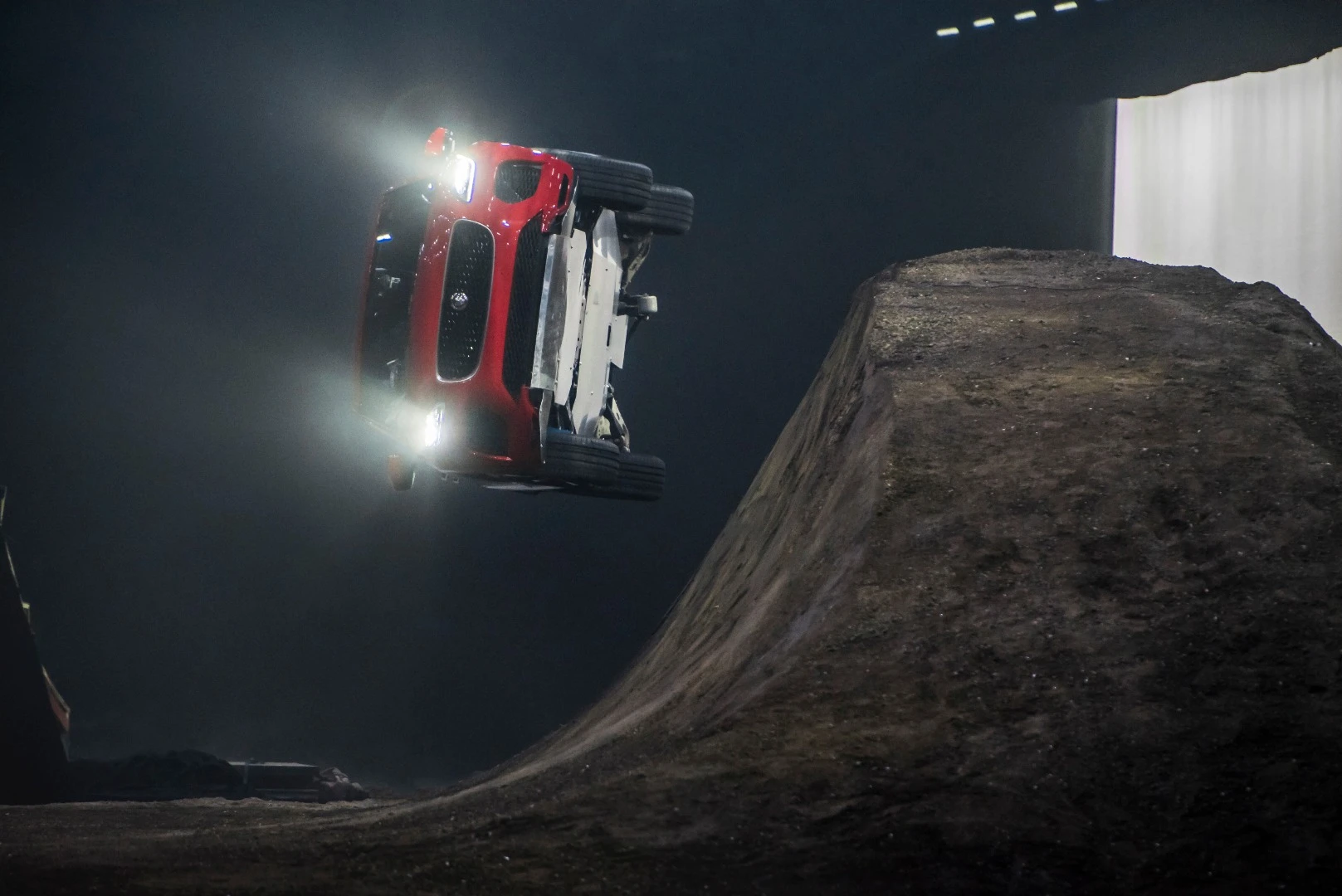 The Jaguar E-Pace before landing on all four wheels