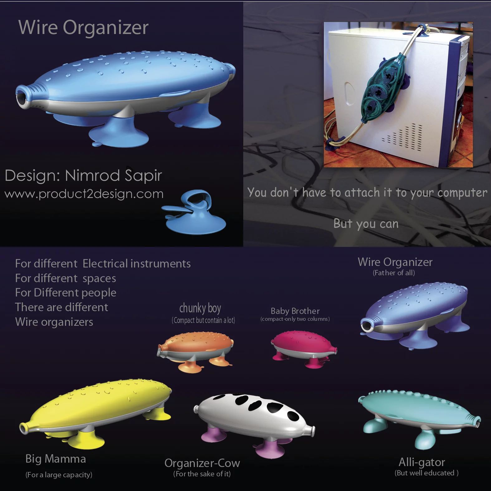 Another of Sapir's designs - a cable holder for the desktop computer set-up