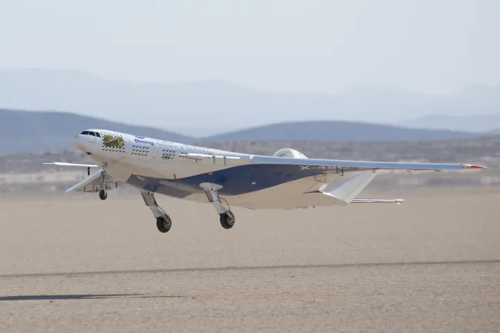 The remotely operated X-48C Blended Wing Body aircraft lifts off Rogers Dry Lake at Edwards Air Force Base, Calif., on its first test flight Aug. 7, 2012 (Photo: NASA / Carla Thomas)