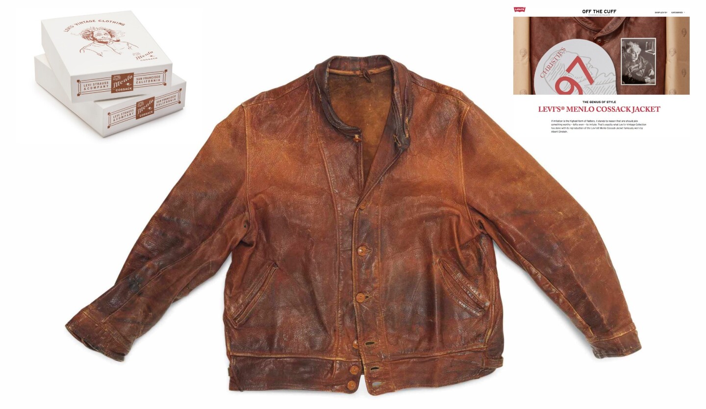 The Levi Strauss Leather Jacket worn Einstein on the cover of Time Magazine, was expected to sell for between $55,000 and $80,000 and fetched $145,974. The jacket was purchased by Levi Strauss and reissued as a limited edition of 500 only at $1200 per jacket. The inside story of the jacket being purchased makes excellent reading on the Levi Strauss blog.
