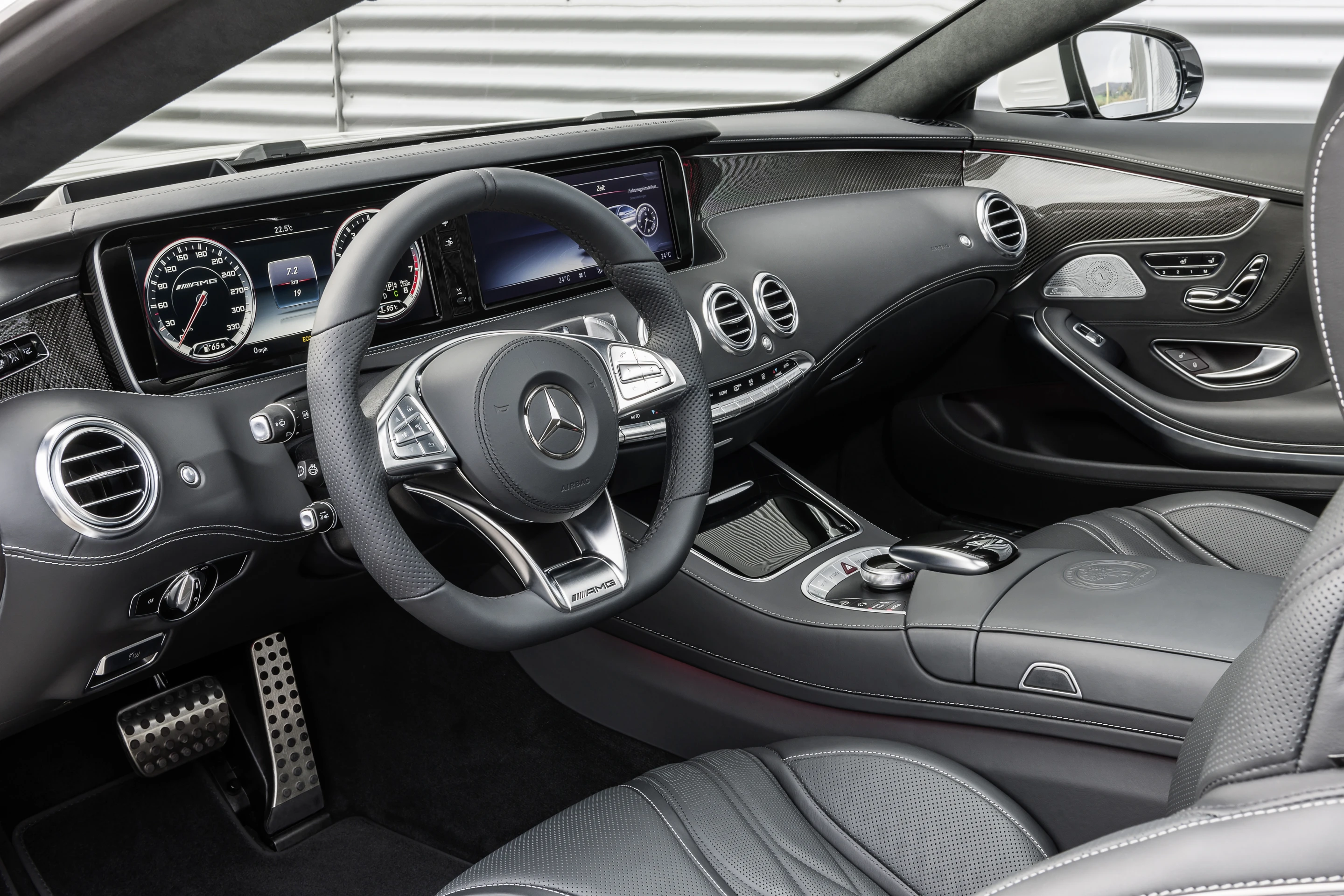 The S63 AMG Coupé features a production car world first known as "Magic Body Control" that essentially leans the car into curves upon cornering