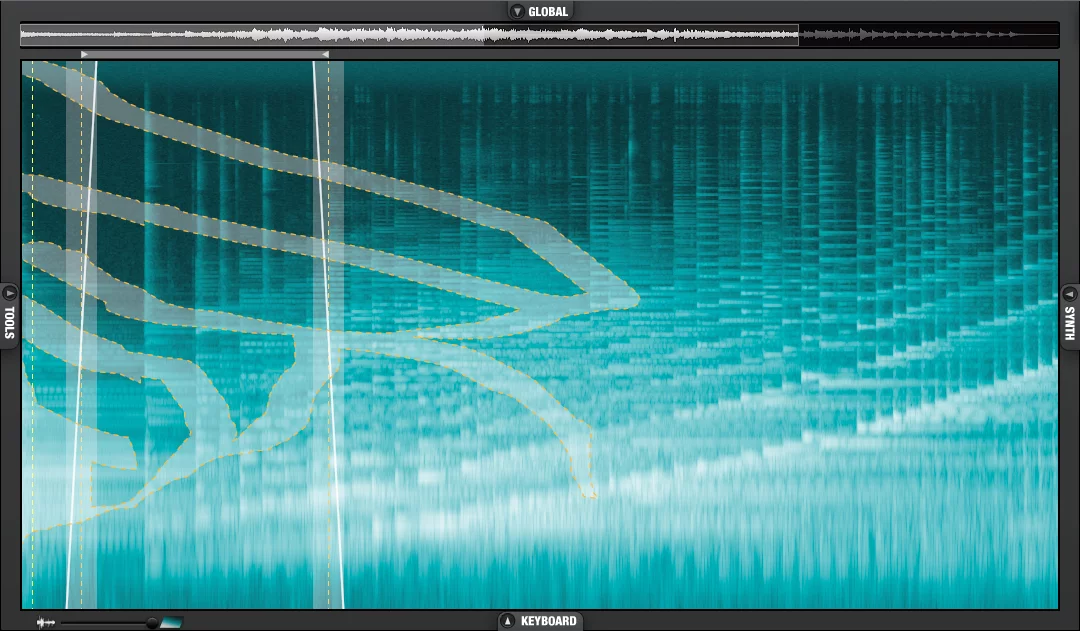 With the brush tool, users can paint patterns on the spectrogram display to isolate sections of source audio to create whole new sounds