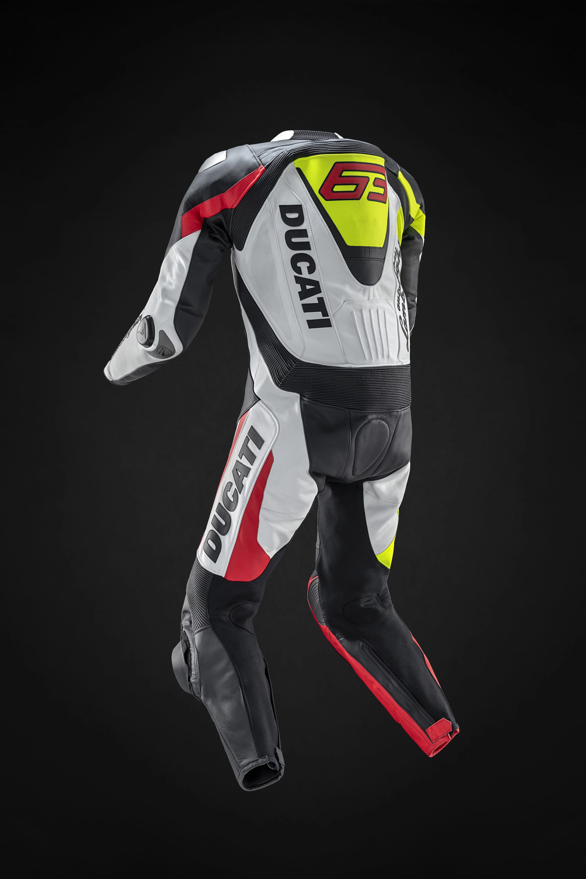 The 2023 Ducati Streetfighter V4 Lamborghini is a motorcycle designed for sporty riding, appropriately supported by a leather suit with Dainese D-Air airbag technology