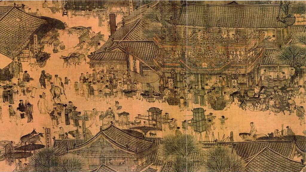 Famous Chinese painting Qingming Shanghe Tu (Along the River During the Qingming Festival) was the inspiration for the digital tapestry