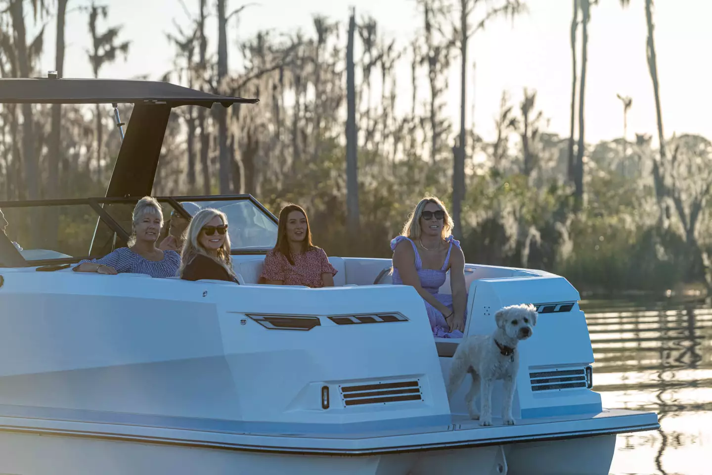 The center aisle runs straight through from bow to stern, allowing for easy maneuvering on board