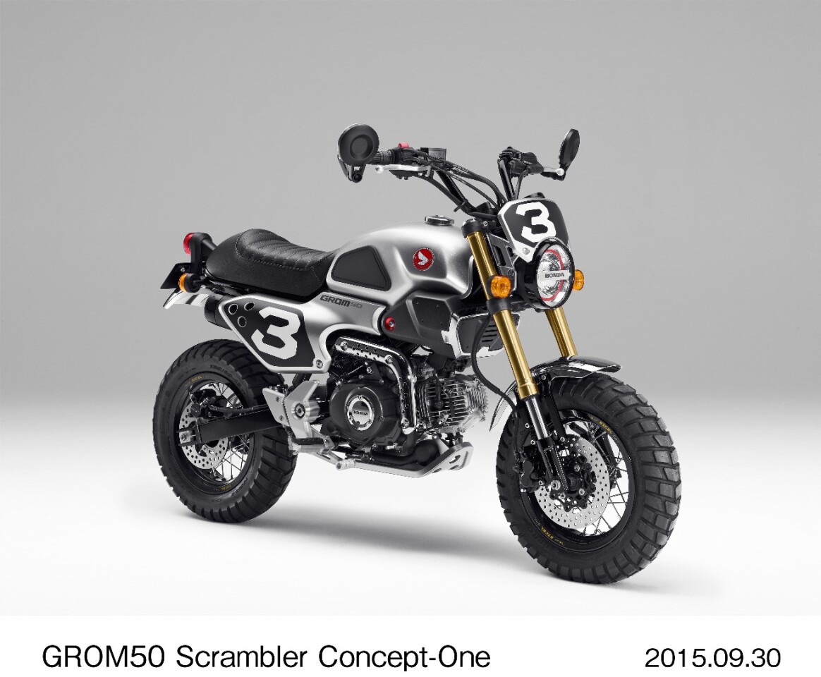 The Honda Grom50 Scrambler Concept-One looks the part with the off-road tires and the number plates