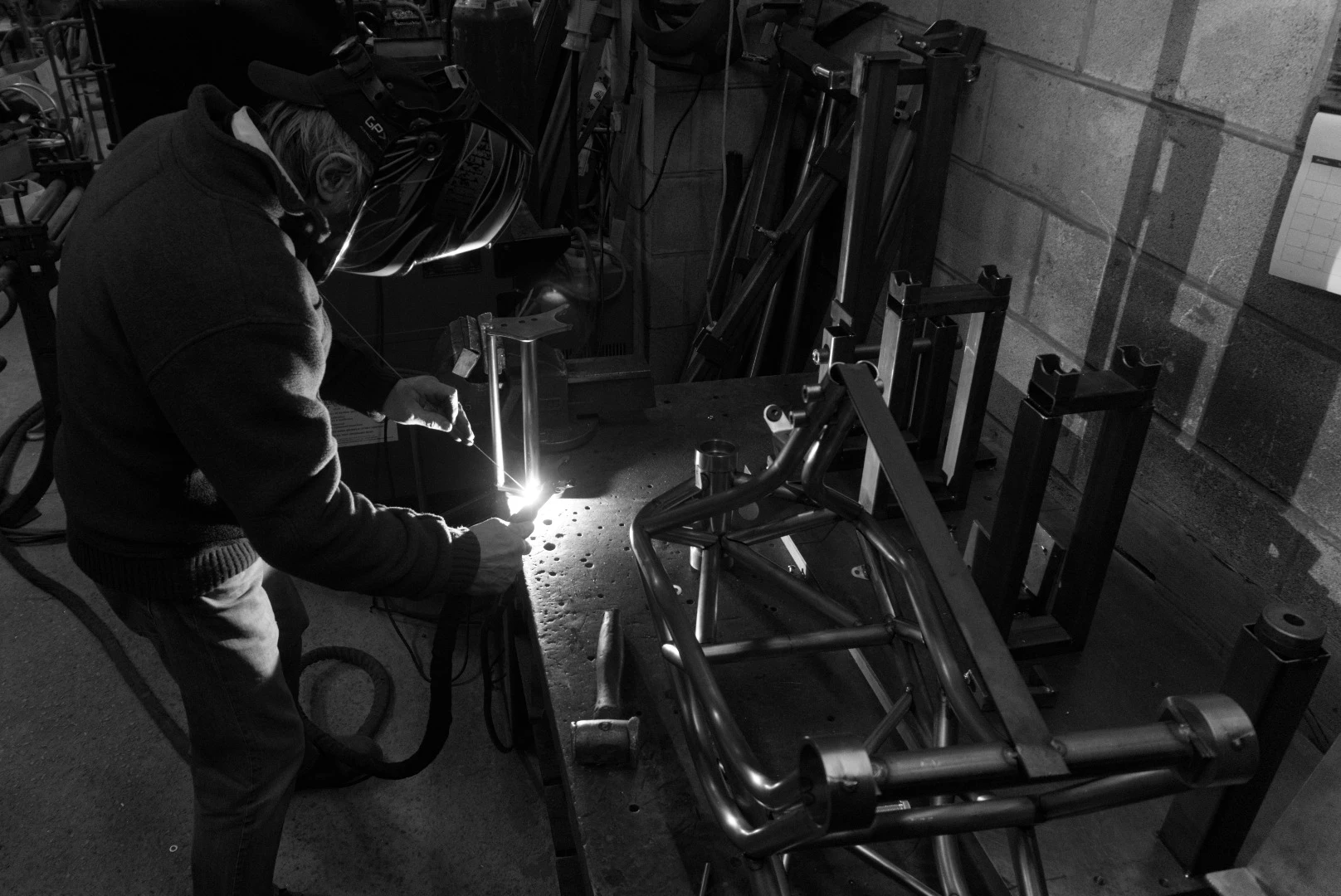 Welding the trellis frame of the CCM Spitfire